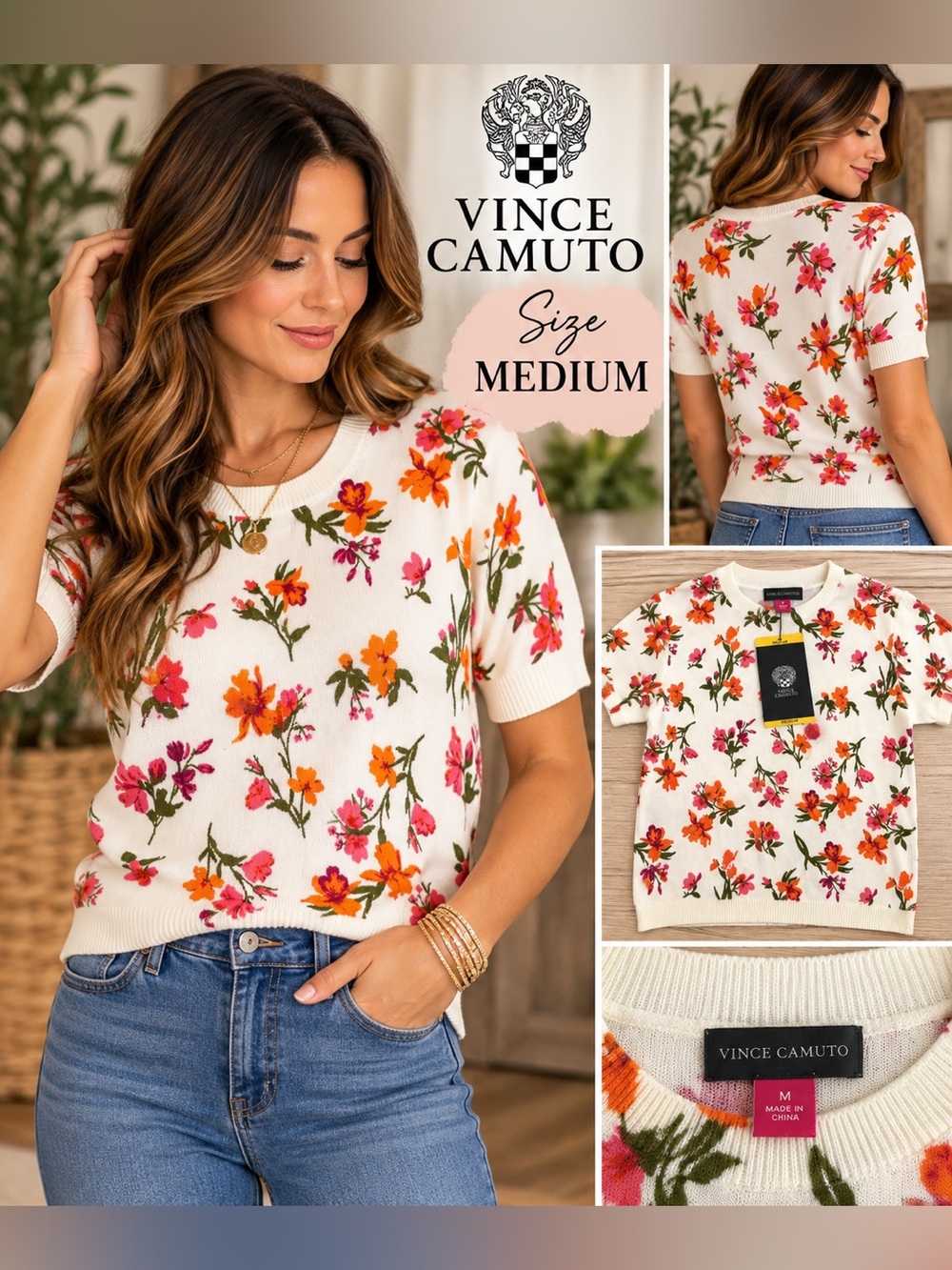 Vince Camuto Short-Sleeve Floral Knit Top with Orange & Pink Blooms